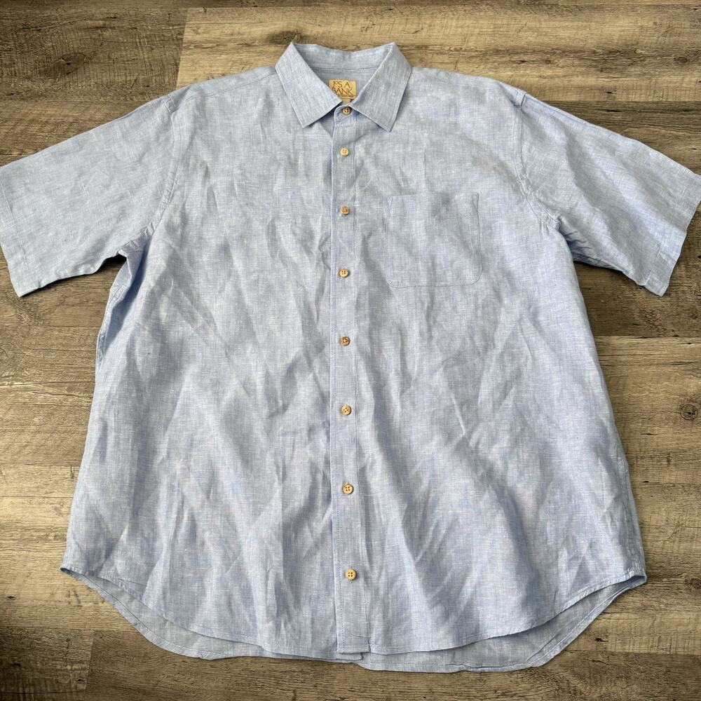 Jos. A. Bank 100% Linen Shirt Mens XL Blue Short Sleeve Button Up Washable